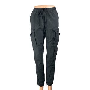 Standard Cloth Gray Elastic Waist High Rise Tapered Cargo Trousers Pants Size S